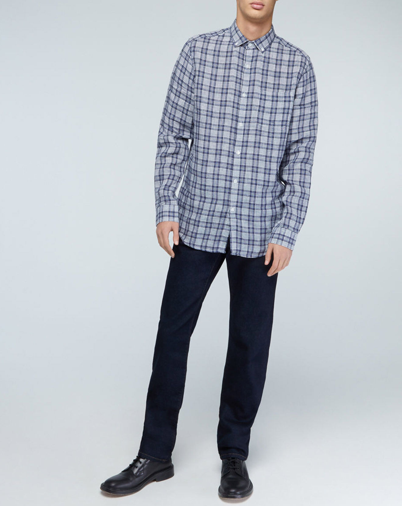 Galeries Lafayette Chemise droite 100% Lin Lintaro à carreaux bleue