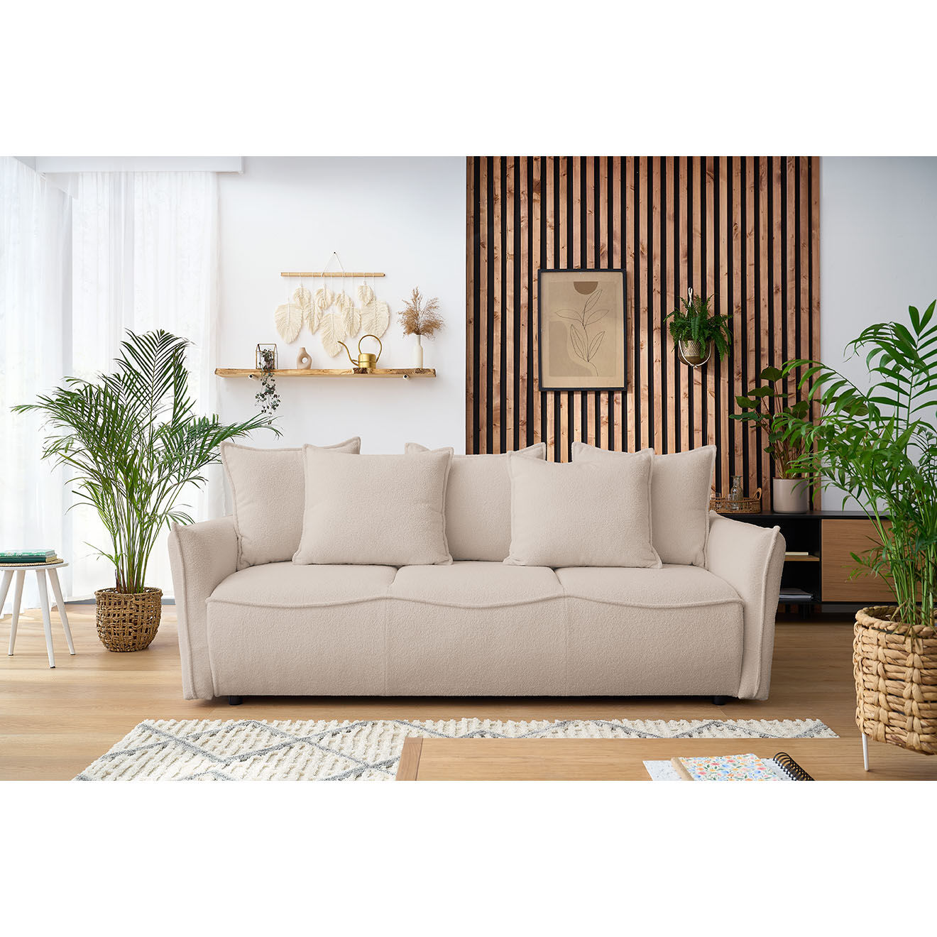 Bobochic Canapé 3 places convertible coffre Bouclette Leon beige - 226x97x90 cm