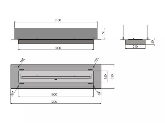Insert/support brûleur bioéthanol 120cm en inox avec verres inclus