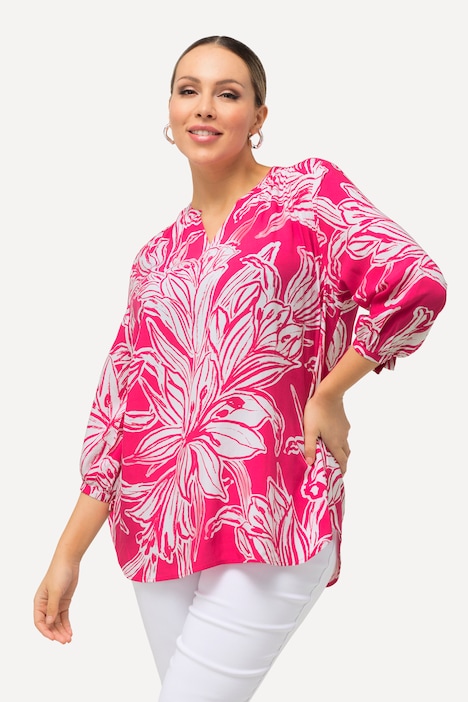 Tunika, Blüten, A-Linie, Tunika-Ausschnitt, 3/4-Arm