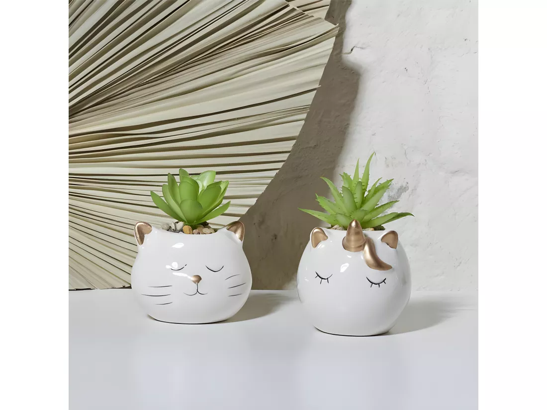Plante Artificielle Chat Et Licorne Ceramique 6 D86