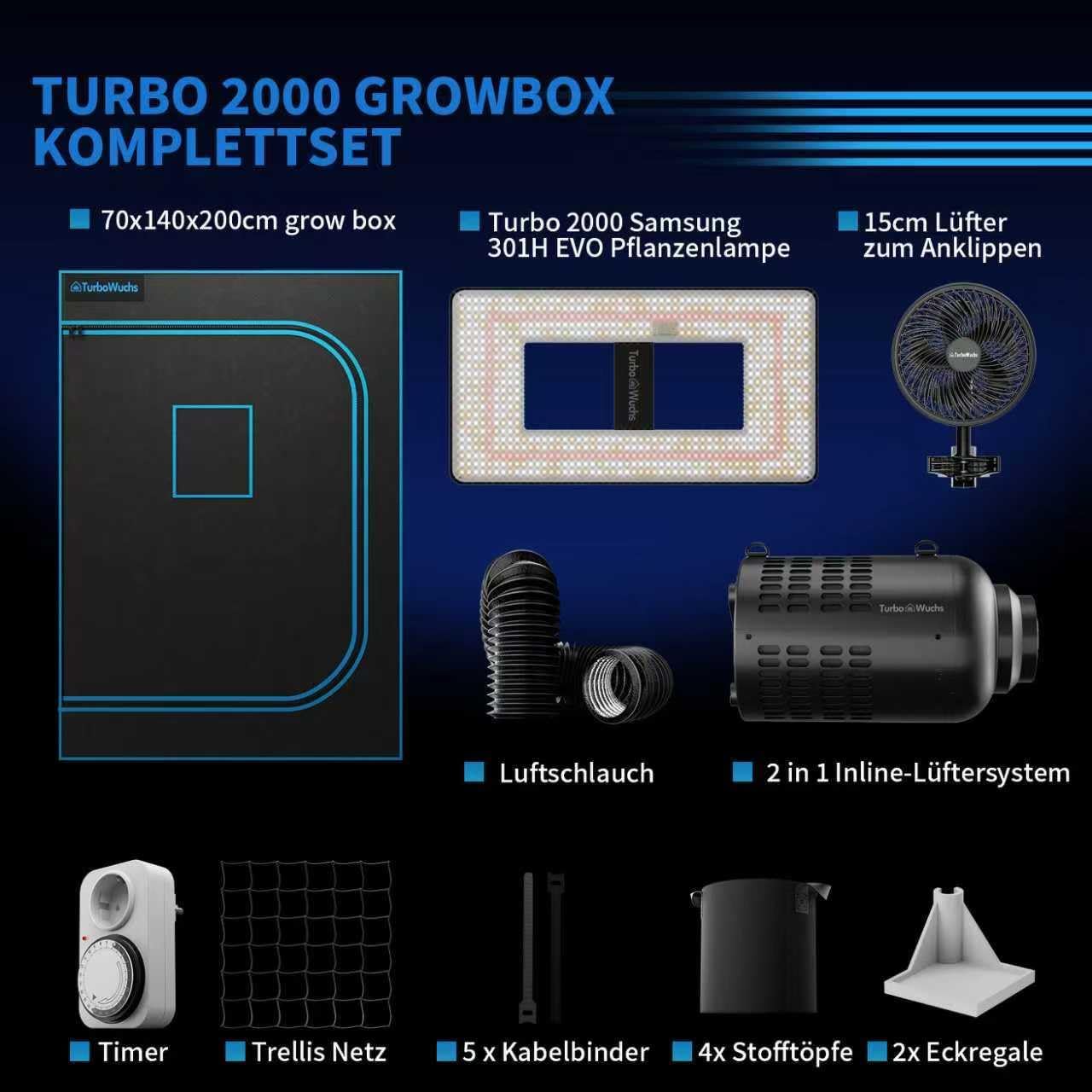 Turbo2000& 120x60x180cm Growzelt Komplettset LED Grow Lampe Vollspektrum LM301H EVO LEDs Growzelt Kit Komplettes Hydroponics 1680D Growing Tent Kit Belüftungssystem