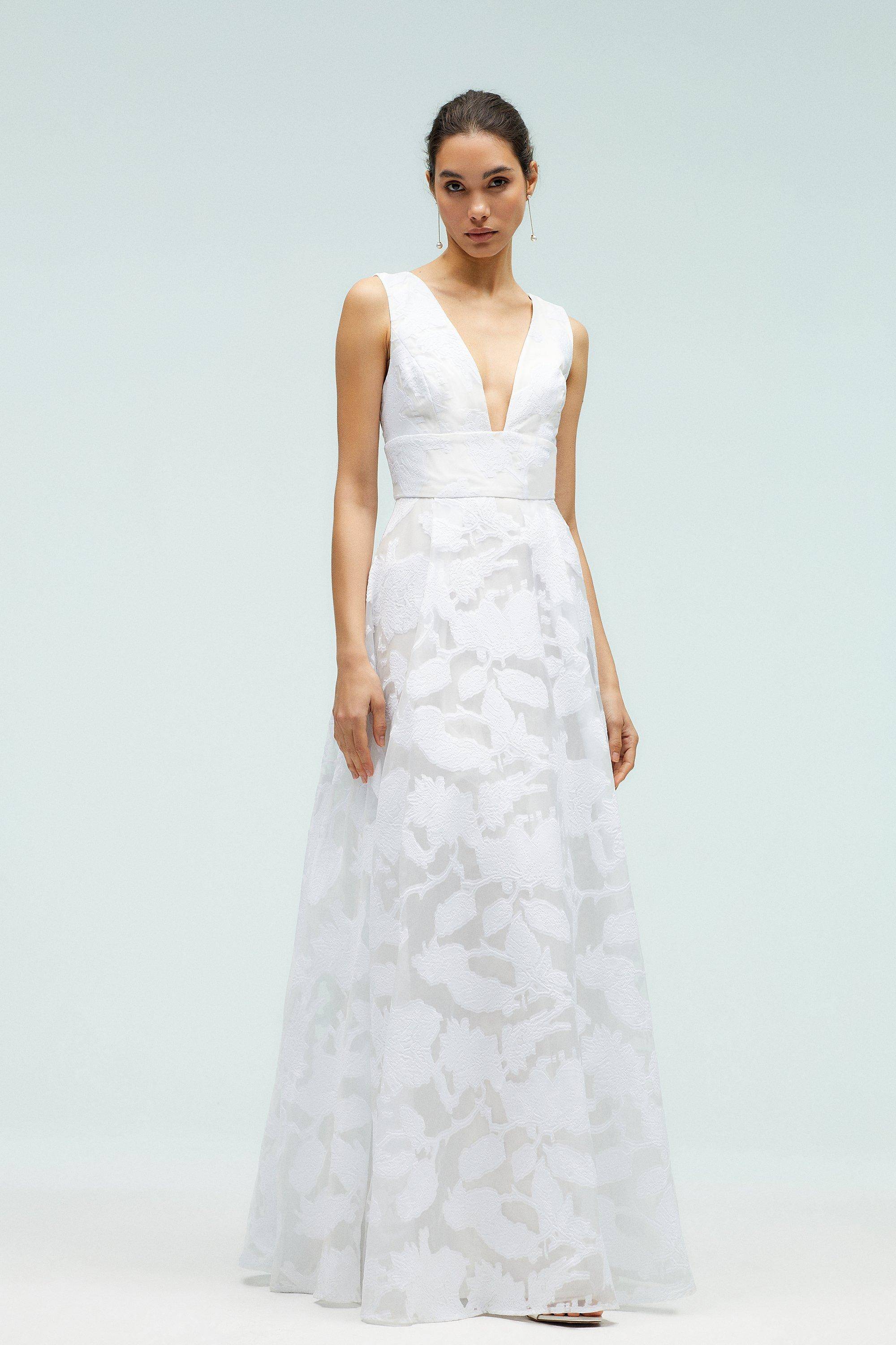 Coast Robe de Mariée Jacquard à Décolleté Plongeant et Jupe Ample