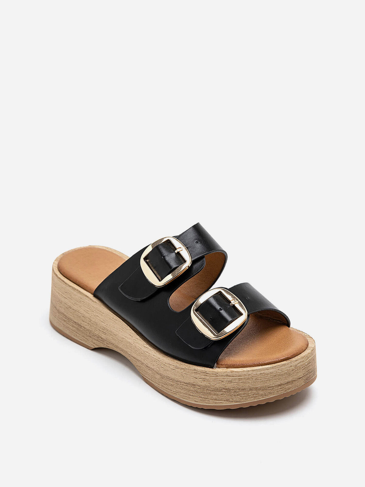 Mules à brides et plateforme en bois- Noir
