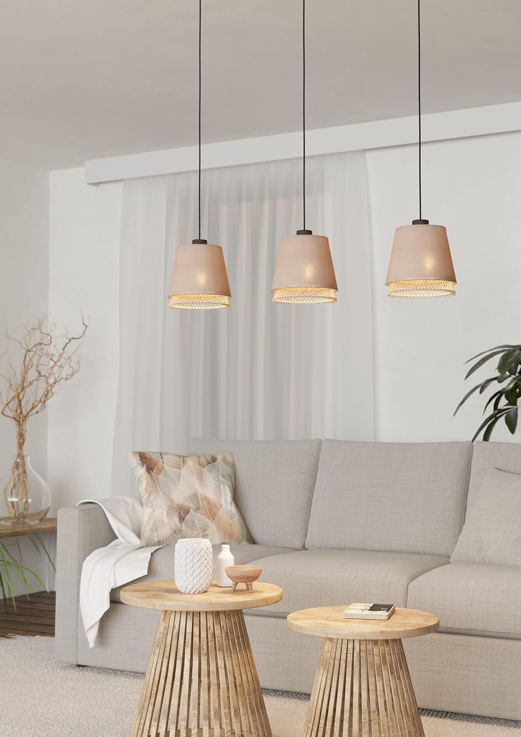 EGLO Hängelampe Tabley, 3-flammige Pendelleuchte über Esstisch, natürliche Esszimmerlampe aus Bambus und Leinen, Textil-Hängeleuchte mit E27 Fassung, 89 cm