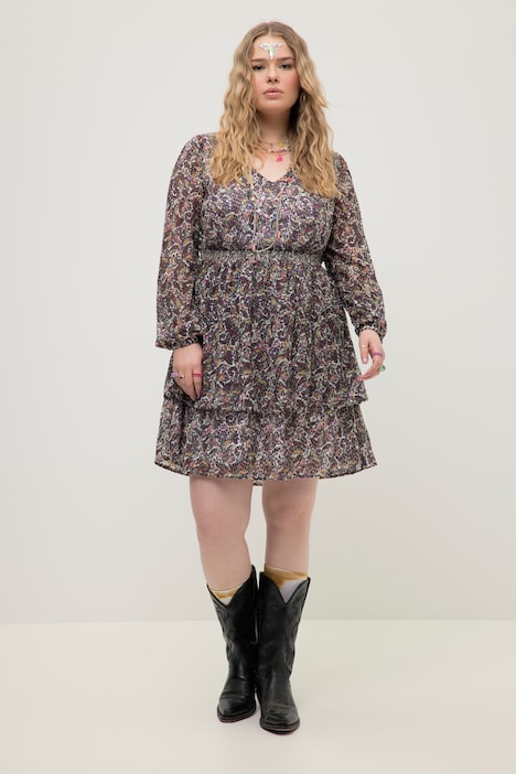 Minikleid, A-Line, Paisley Print, Volants, Langarm