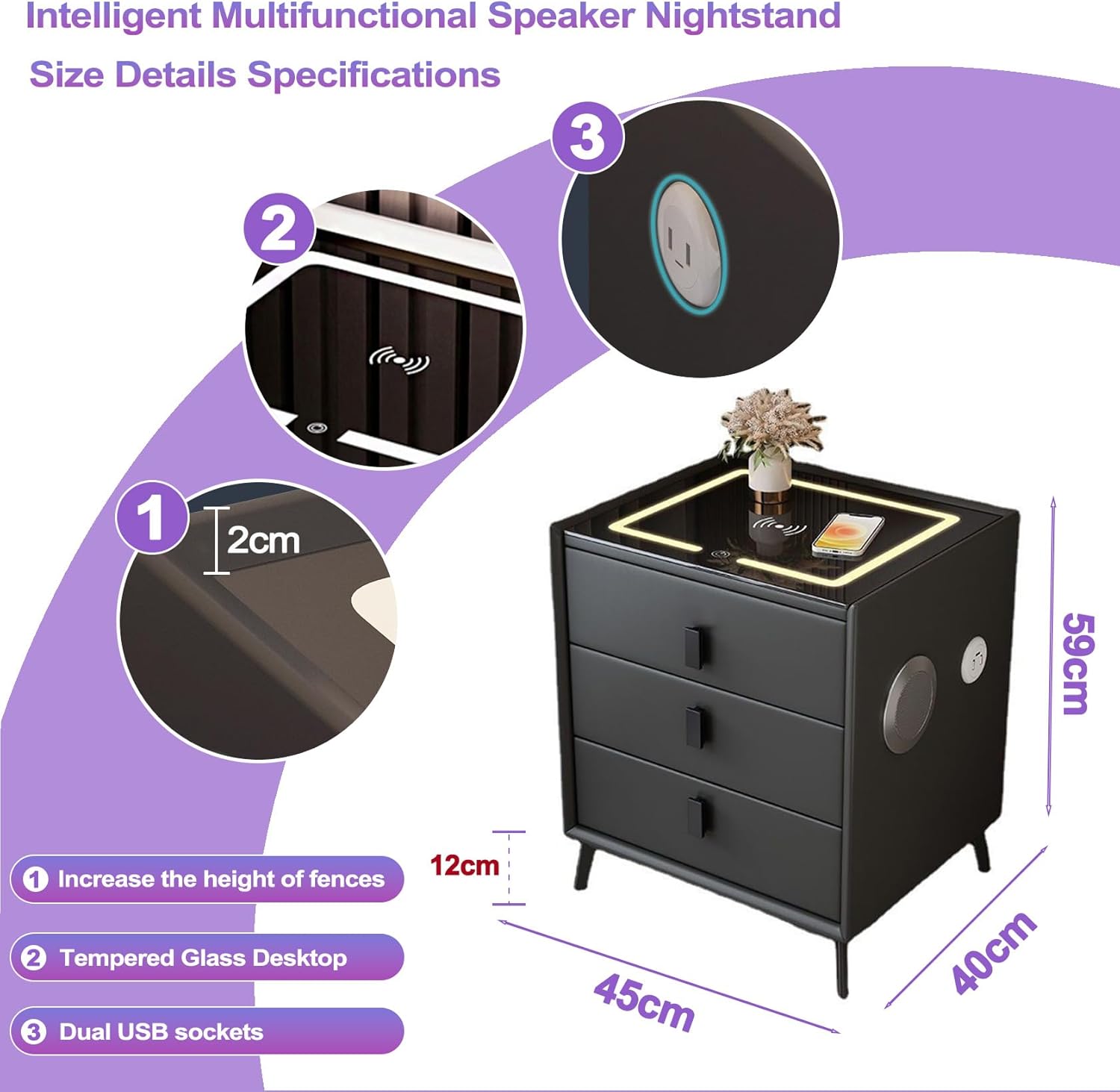 Nachttisch, Nachttische mit Bluetooth-Lautsprecher & Kabelloser Ladefunktion, Nachtschrank mit LED 3-Farben-Licht, Dimmbar, Nachtkommode mit Steckdose, 3 Schubladen,2 USB,Type-C,Nachttischschrank