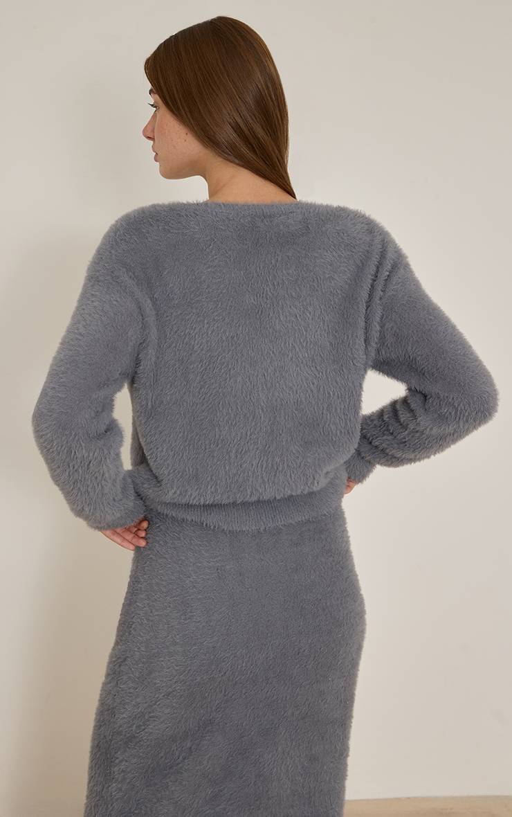 Gris Synthétiquell En Maille Duveteuse Col V Oversize