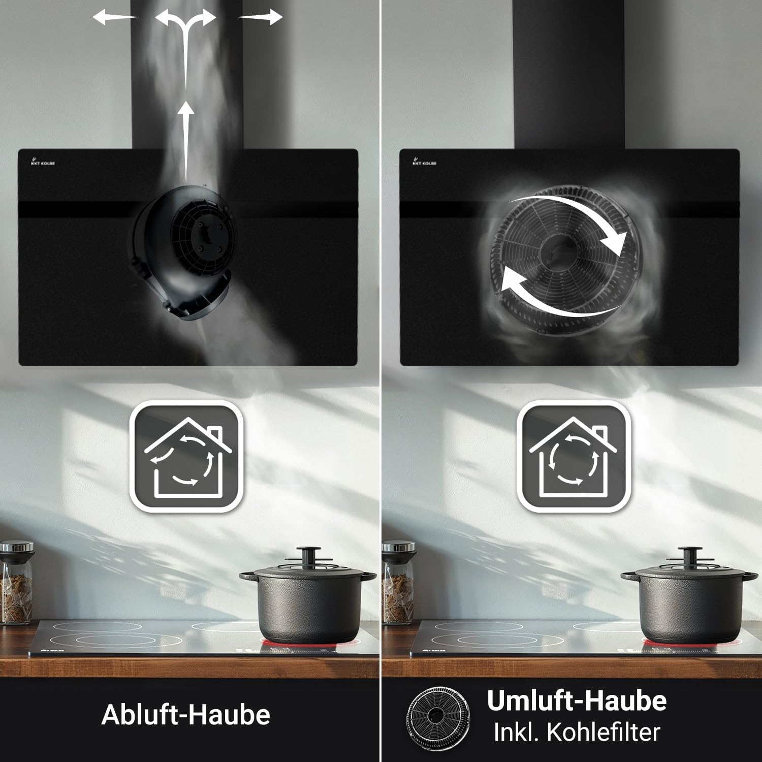 KKT KOLBE A+++ Dunstabzugshaube 90 cm 782 cbm/h Kopffreie Wandhaube Edelstahl schwarzes Glas WLAN RGBW-LED-Beleuchtung SensorTouch Bedienung STYLE9005SMAO