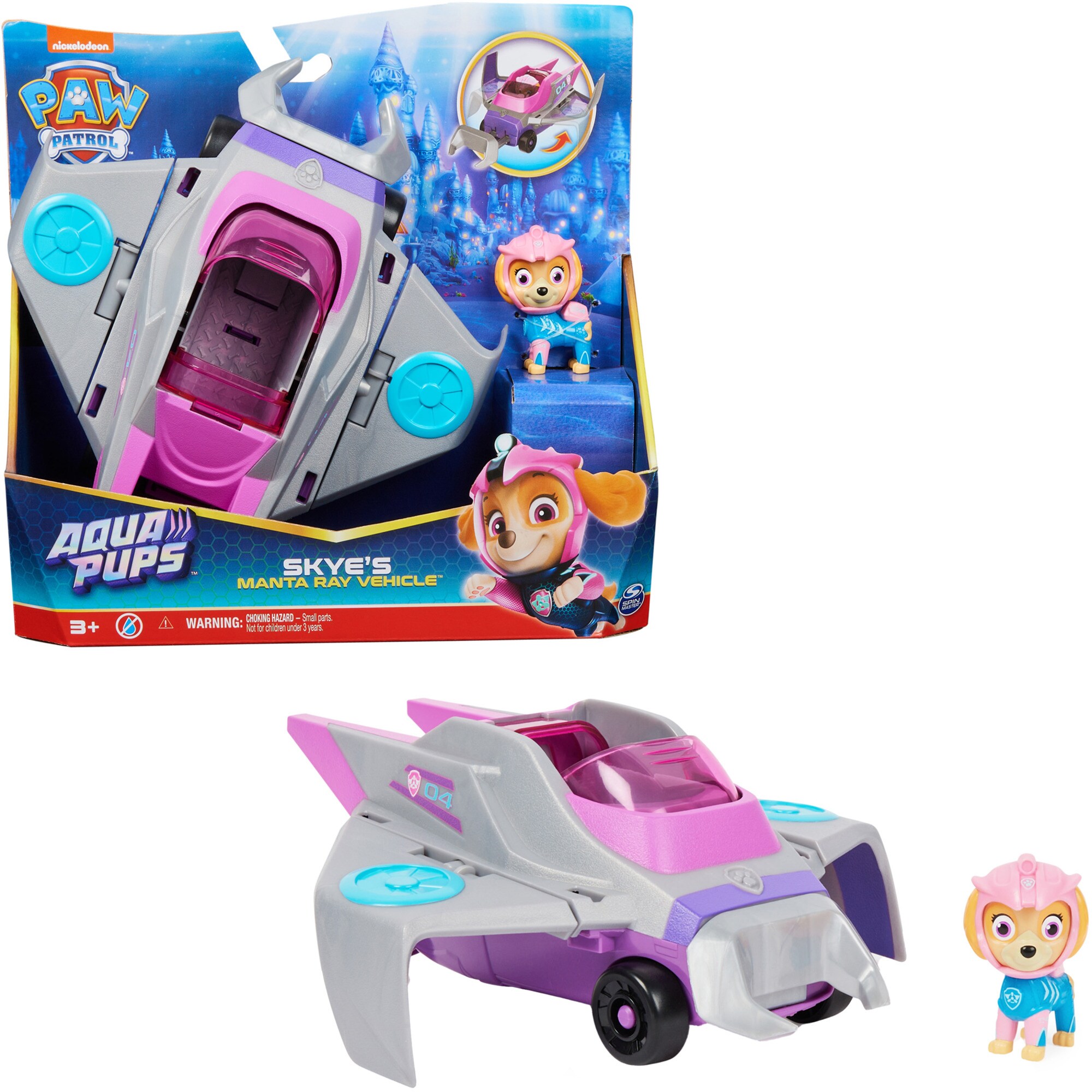 Spin Master Spielfahrzeug Paw Patrol Aqua Pups - Basis Fahrzeug im Rochen-Design mit Skye-Welpenfigur