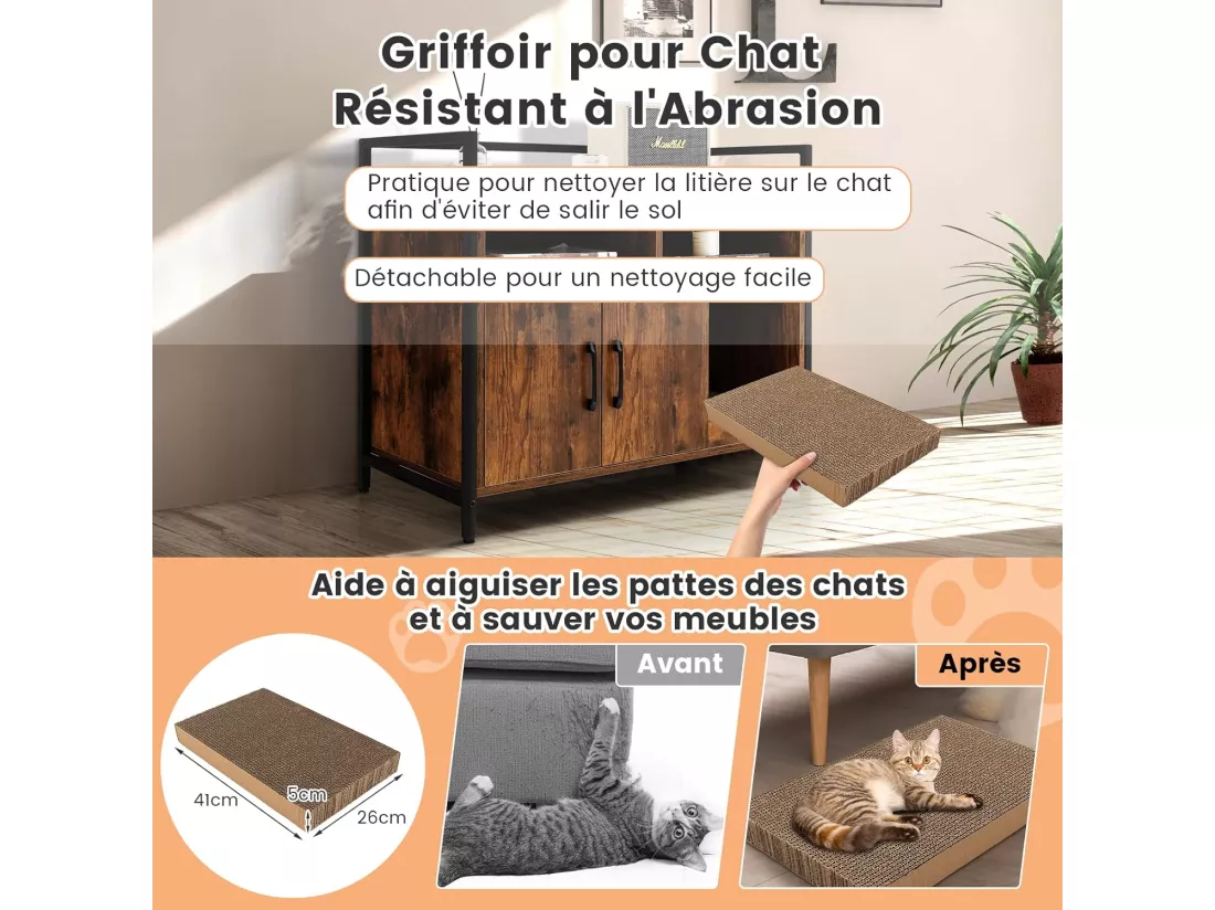 Meuble Litiere Chat Griffoir Amovible Industriel, 89x45x74,5cm Café