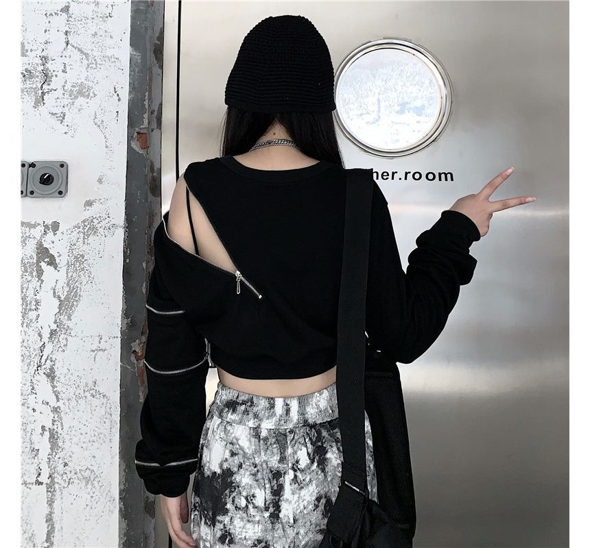 Kenning - Ronde hals effen cropped sweatshirt met meerdere ritsen