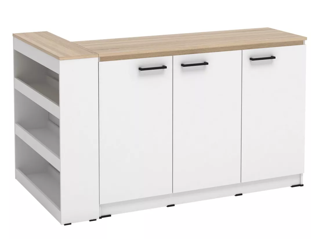 Ensemble îlot central de cuisine + 2 tabourets - Blanc et Naturel clair - NUSICE