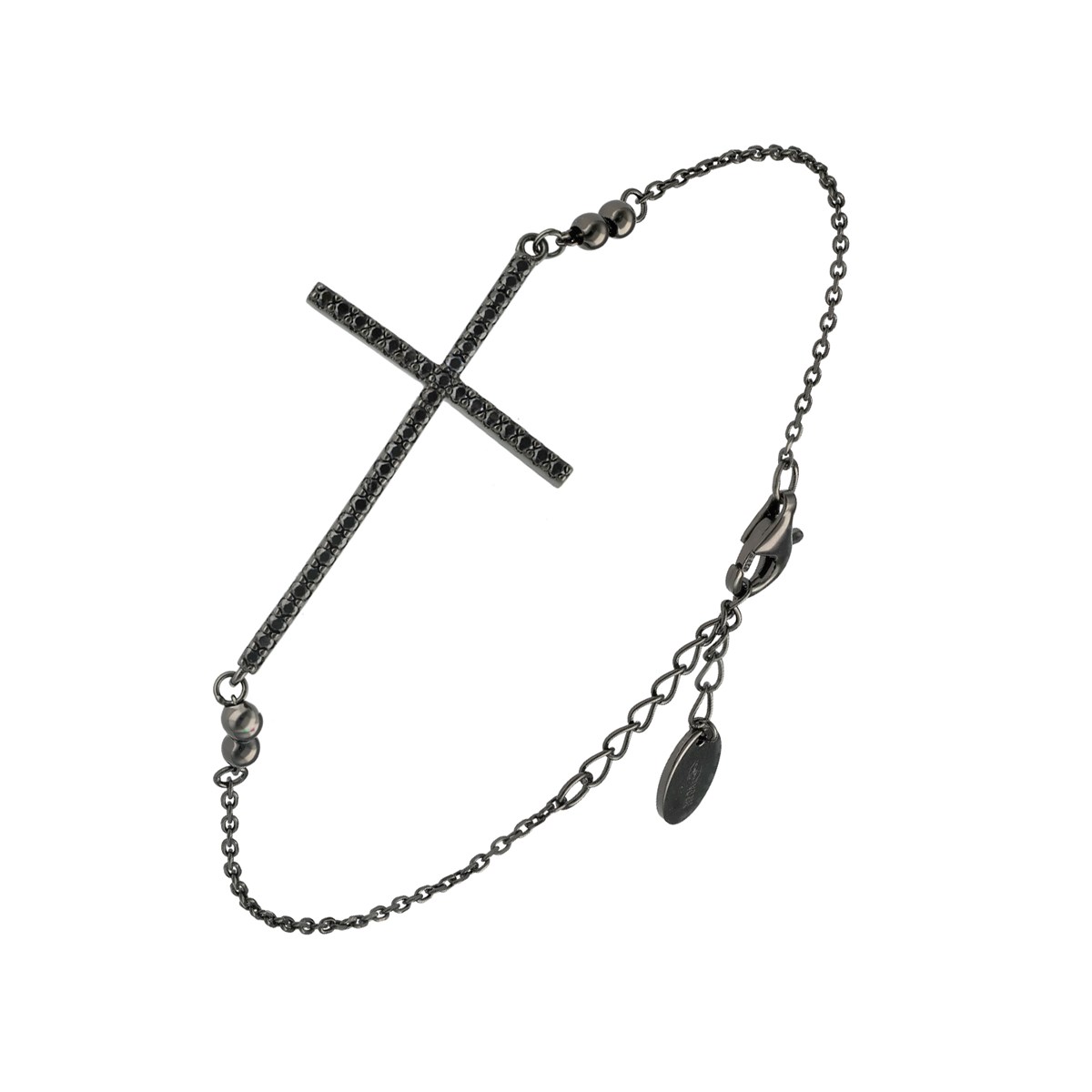 Bracelet Argent Noir Croix Serti Pierres Noir