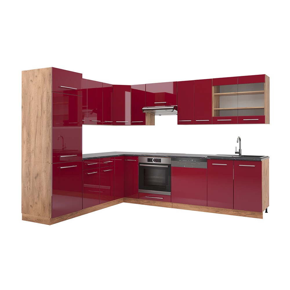 Vicco Eckküche Küchenzeile Einbauküche Fame-Line Eiche Bordeaux Rot 227x287 cm modern Spülenunterschrank Schubunterschrank Eckunterschrank Herdumbauschrank Hängeschrank Kühlumbauschrank Hängeglasschrank