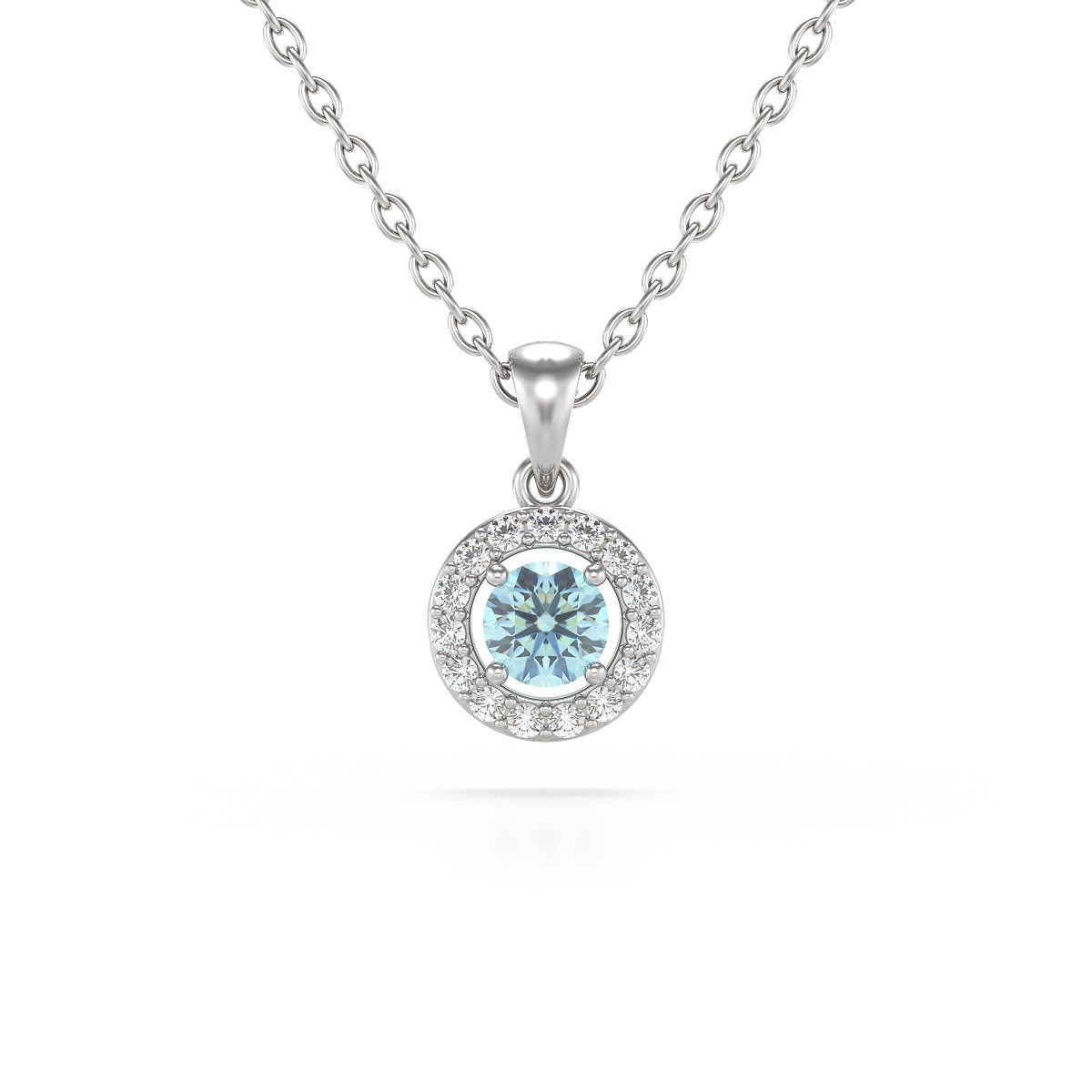 Collier Pendentif ADEN Or 585 Blanc Aigue-Marine et Diamants Chaine Or 585 incluse 0.56grs