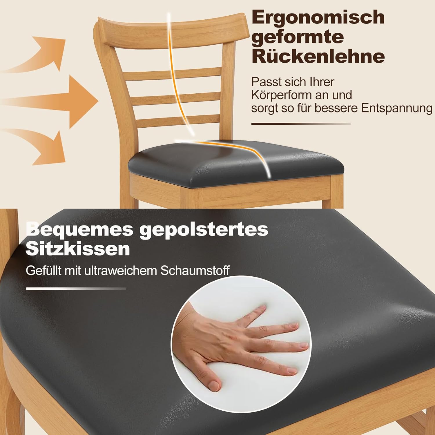 COSTWAY Esszimmerstühle 2er Set, Küchenstühle Holz, Esstisch Stühle mit gepolsterter Sitz, Holzstühle bis 180 kg belastbar, für Esszimmer, Küche (Natur)