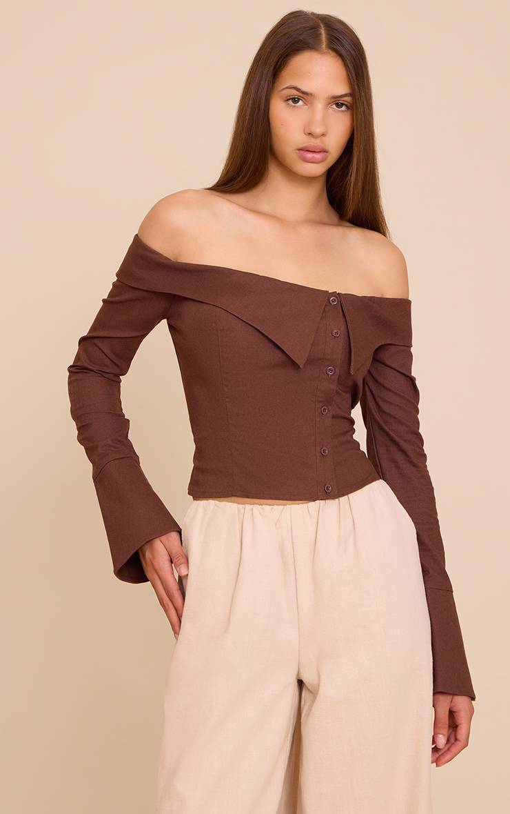 Chocolat Chemise Bardot En Lin À Boutons