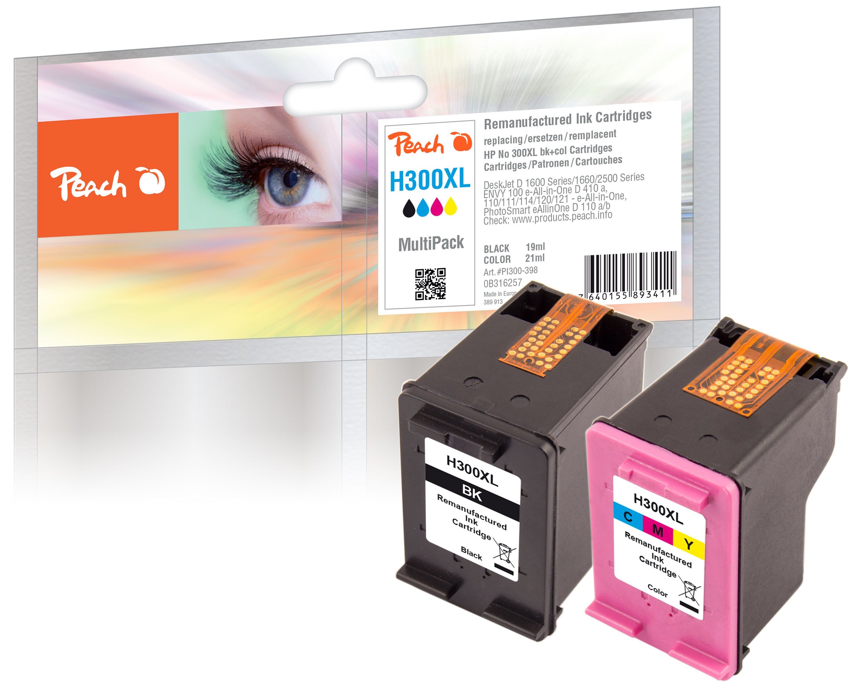 Peach HP 300 XL 2 Druckköpfe XL (bk, col) ersetzt HP No. 300XL, CC641EE, CC644EE für z.B. HP DeskJet F 4224, HP DeskJet D 1600, HP DeskJet D 1658 (wiederaufbereitet)