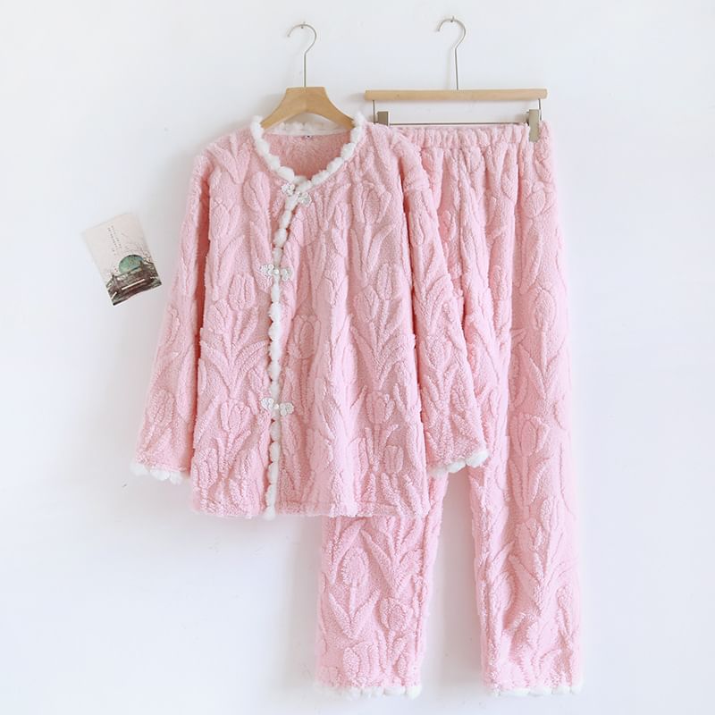 Somnus - Pyjamaset: Lange mouwen, ronde hals, bloemenjacquard, contrasterende rand, kikkertop met knopen + broek