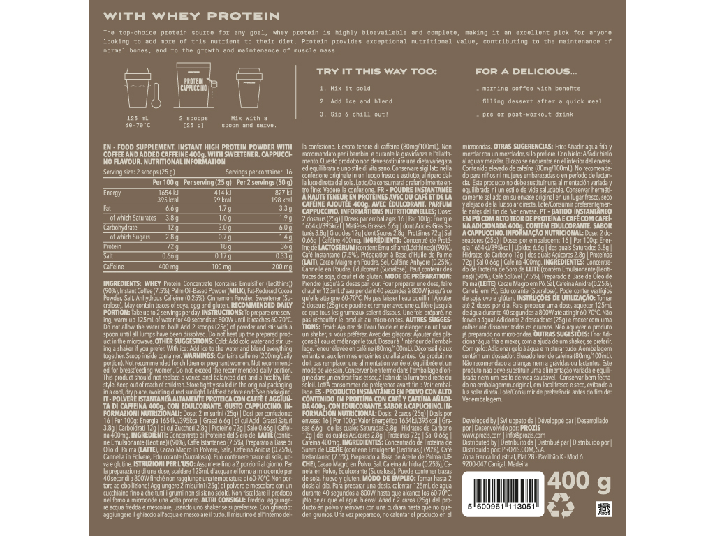 CAPPUCCINO PROZIS PROTEICO CAFEÍNA EXTRA 400G