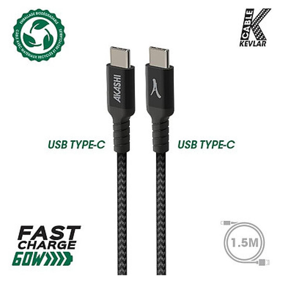 Akashi Câble Eco Kevlar USB-C vers USB-C Noir - 1.5 m