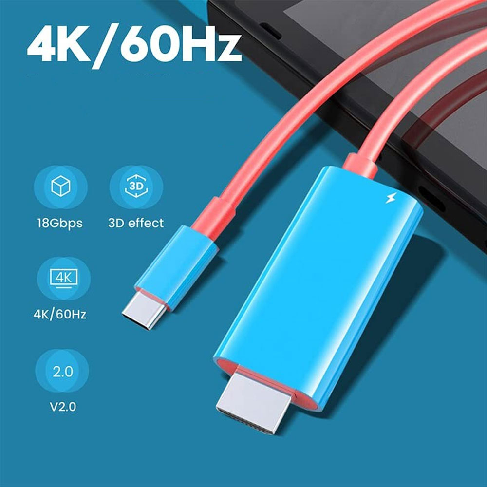 (2m) USB C auf HDMI 4K Ultra HD Adapter Kabel Dockingstation mit USB C (PD/100W) für Nintendo Switch / OLED - Rot / Blau