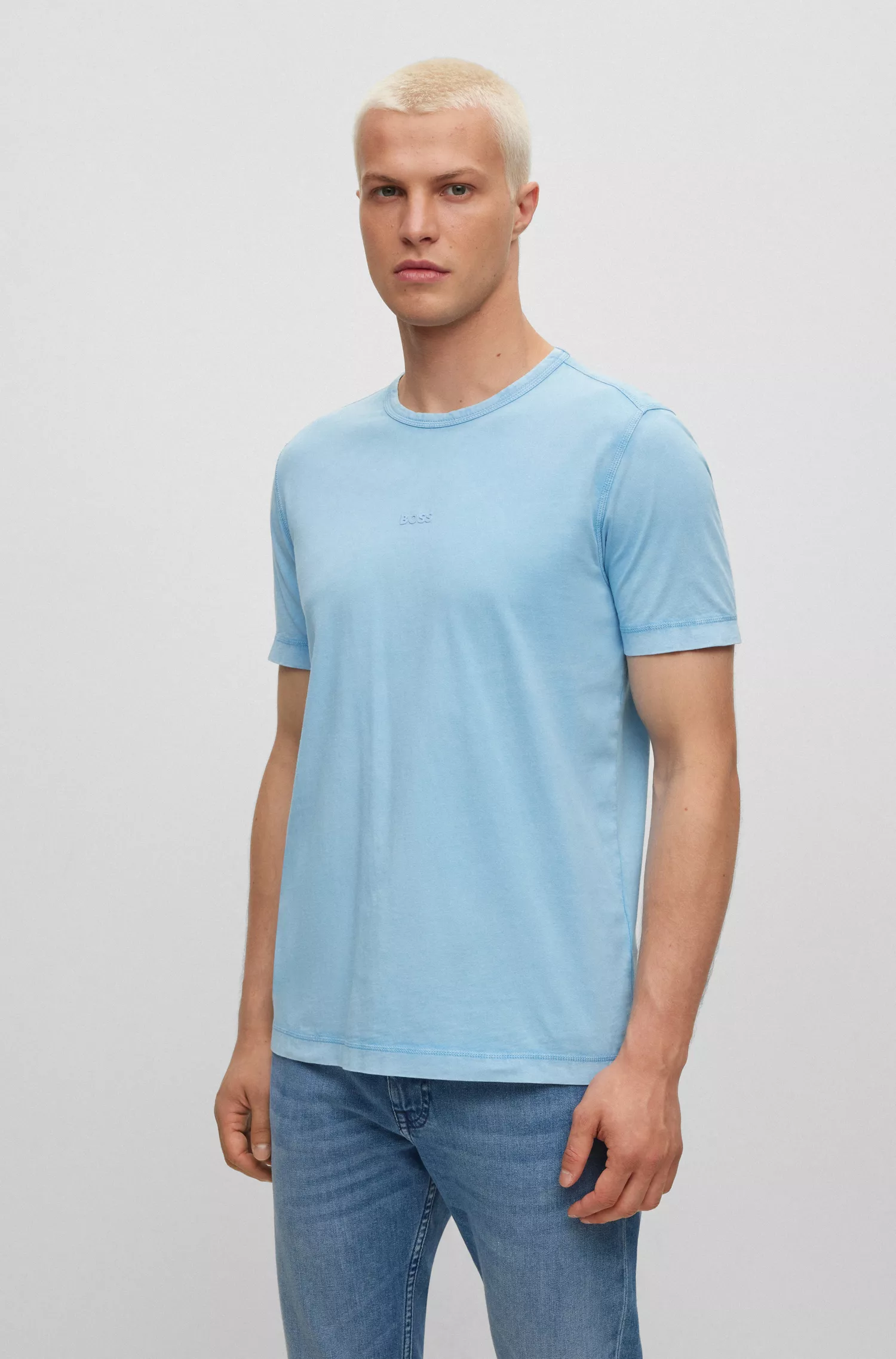 Camiseta BOSS laranja em malha de algodão com efeito desbotado pelo sol.