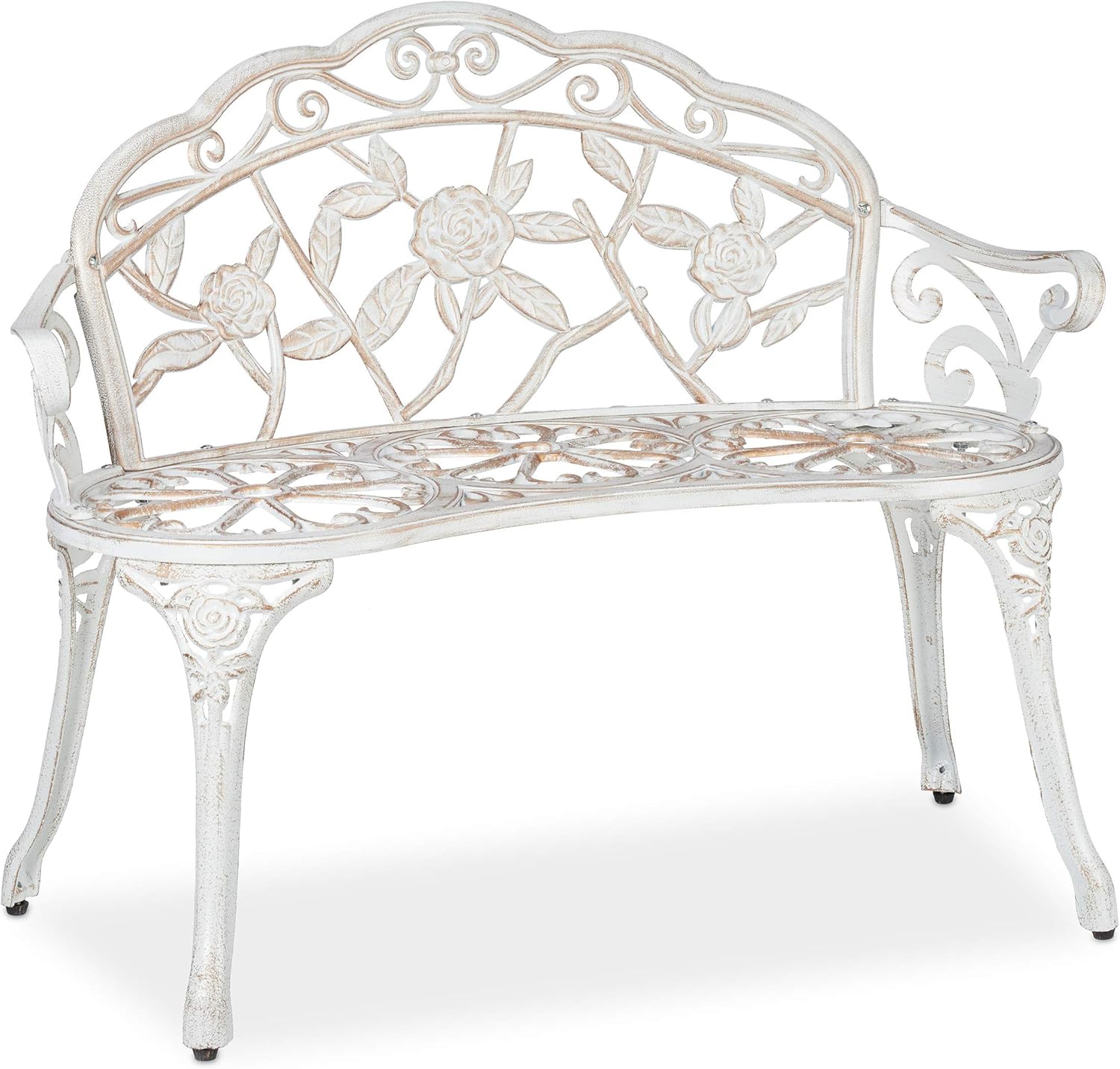 Relaxdays Gartenbank, 2 Sitzer, Rosen, Terrasse, Balkon, Alu & Gusseisen, antike Sitzbank, 78 x 98 x 57 cm, weiß/Bronze