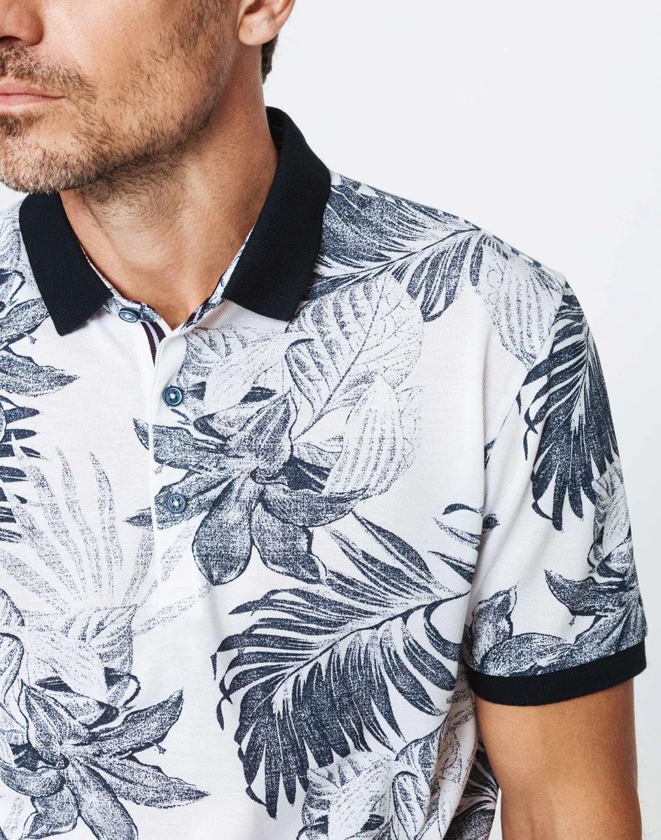 Polo blanc fleurs tropicales