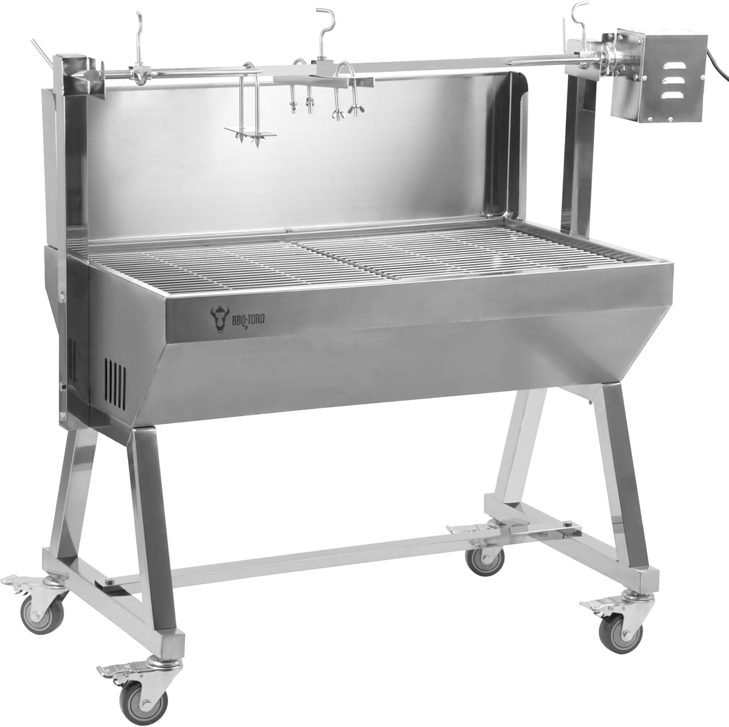 BBQ-Toro Mobiler Edelstahl Spanferkelgrill | Bis zu 60 kg | Rotisserie Grill Mit Motor, Spießbratengrill | Spießgrill für Schwein und Lamm, Schweinegrill mit Rollen, Elektrischer Grillspieß