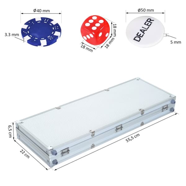 Pokerkoffert Pokersett 500 Pokersjetonger 2X Kortspill 5X Terninger 1X Aluminiumskoffert Pokersett Chipsetui Aluminium + Polystyren 55,5X22X6,5Cm