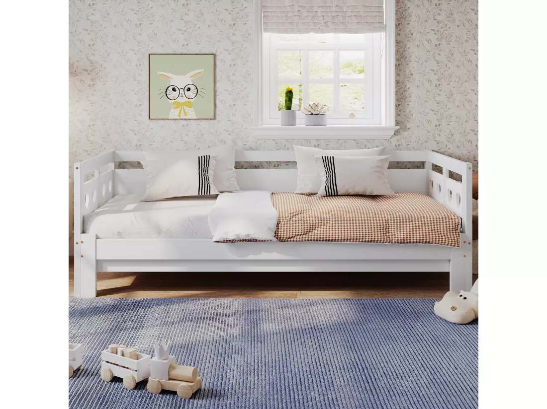 Lit gigogne 90 x 190 cm - bois massif - cadre enroulable - motif coeur - blanc