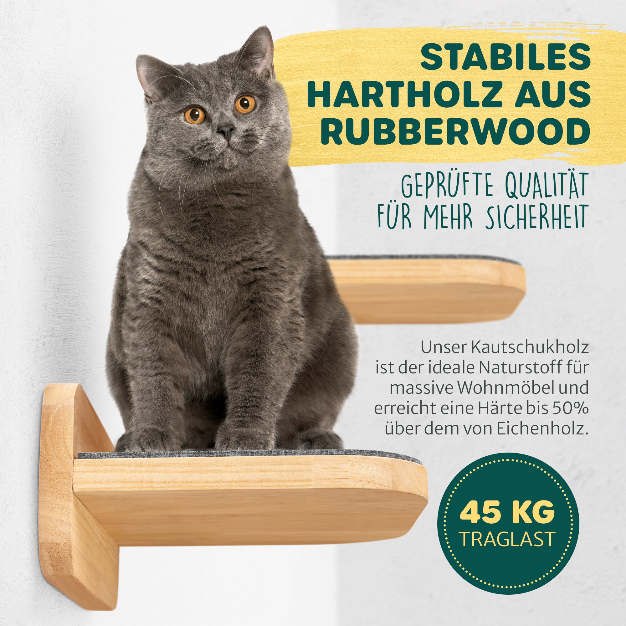 HAPPYPET Katzentreppen 3er-Set für Wandmontage - Nachhaltiges Hartholz, Designer Kletterwand Katzen, Katzentreppe mit Filzbezug, Katzenleiter, Katzenwand zum Klettern, Catwalk | Natur3x Stufen L