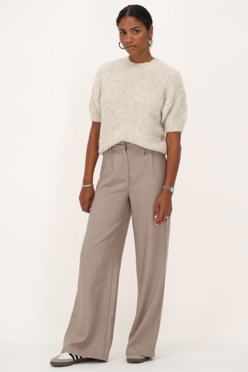 Taupe pantalon wide leg met blinde knoop