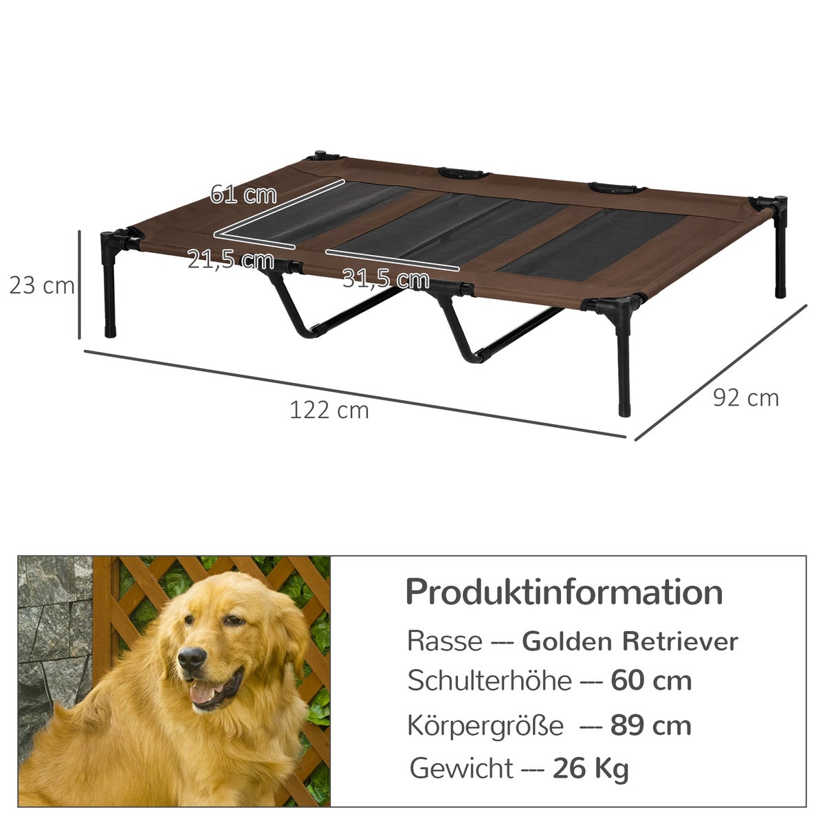 PawHut hondenbed, 122L x 92B x 23H cm, metaal, Oxford, Texteline stof, koffiebruin + zwart