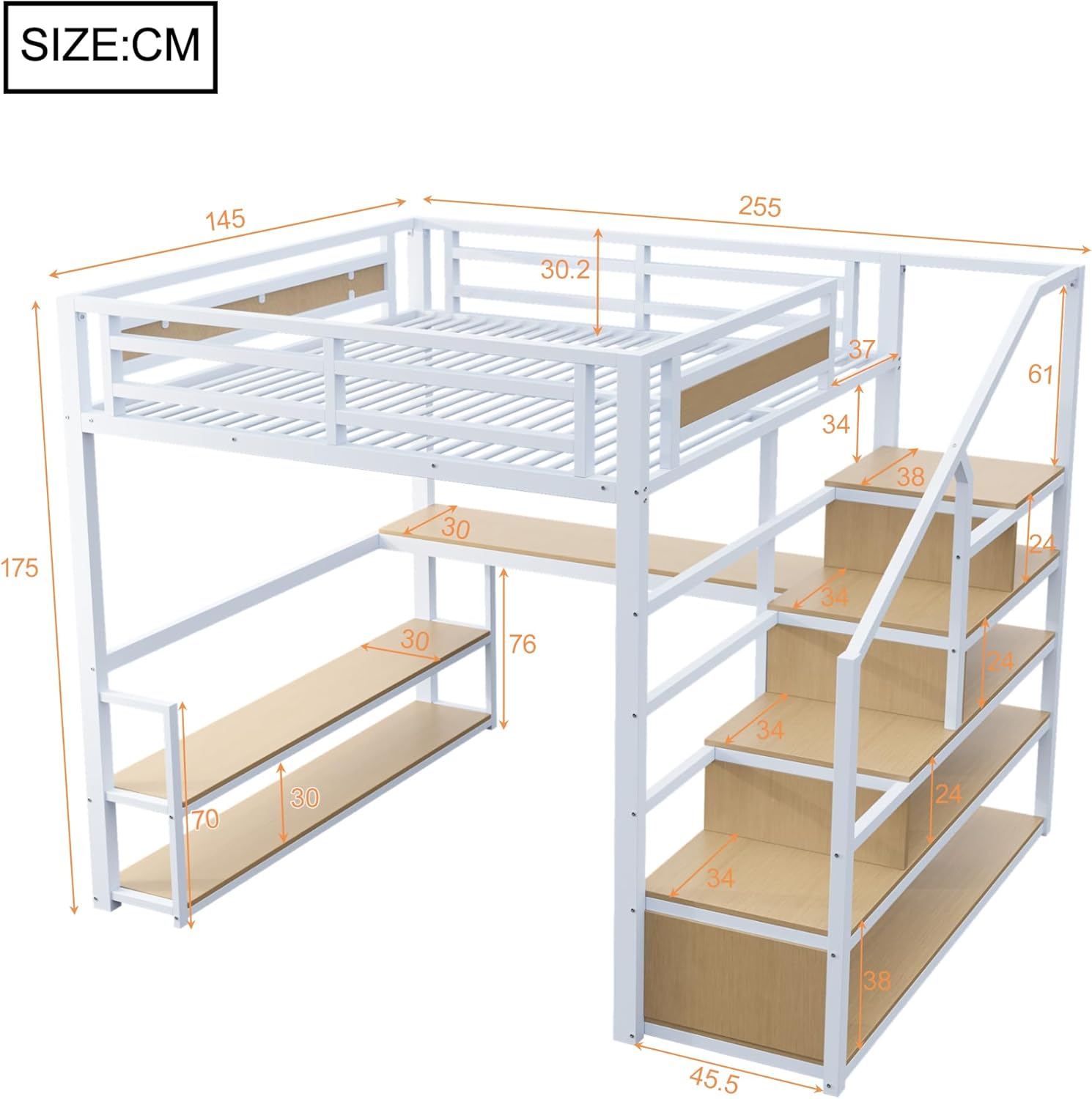 Hochbett 140x200 cm, Eisenbett, Jugendbett, mit Aufbewahrungsleiter Regalen und Tisch, Sicherheitszaun-Design mit gespleißten Metallplanken, Mit Lattenrost, Weiß(Ohne Matratze)