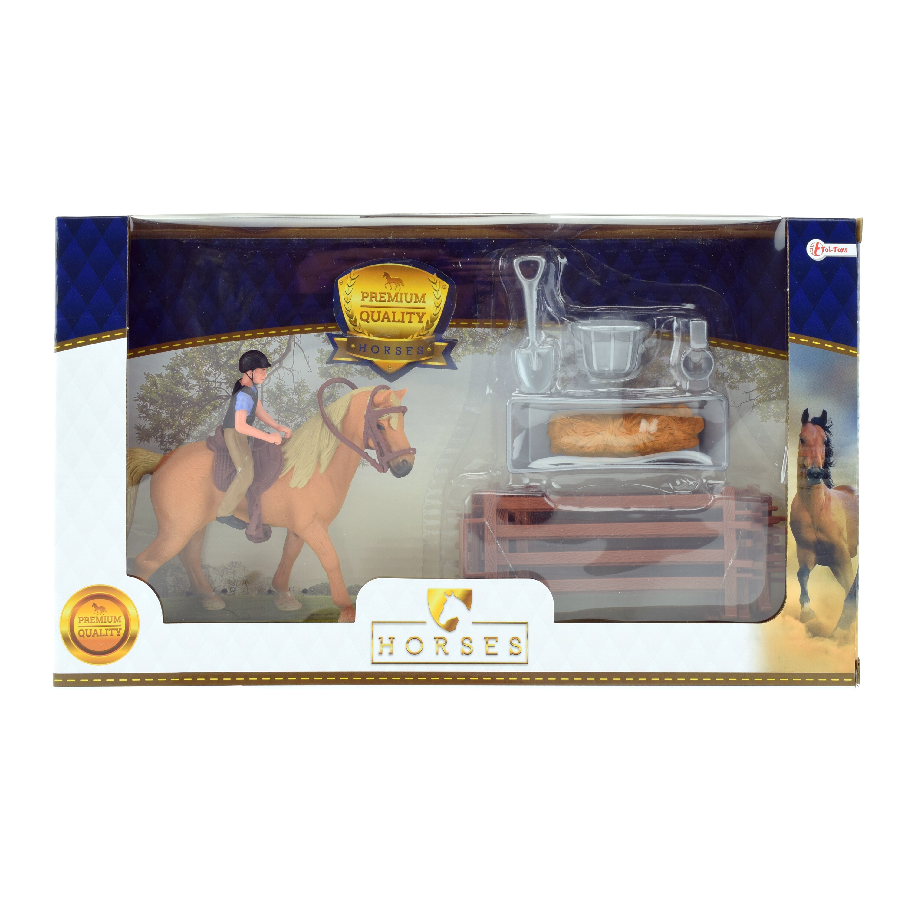 Toi-Toys 37160A- Braunes Pferd mit Reiter und Zubehör Horse Horses Pferdestall Zaun Pferdeset Reiterset