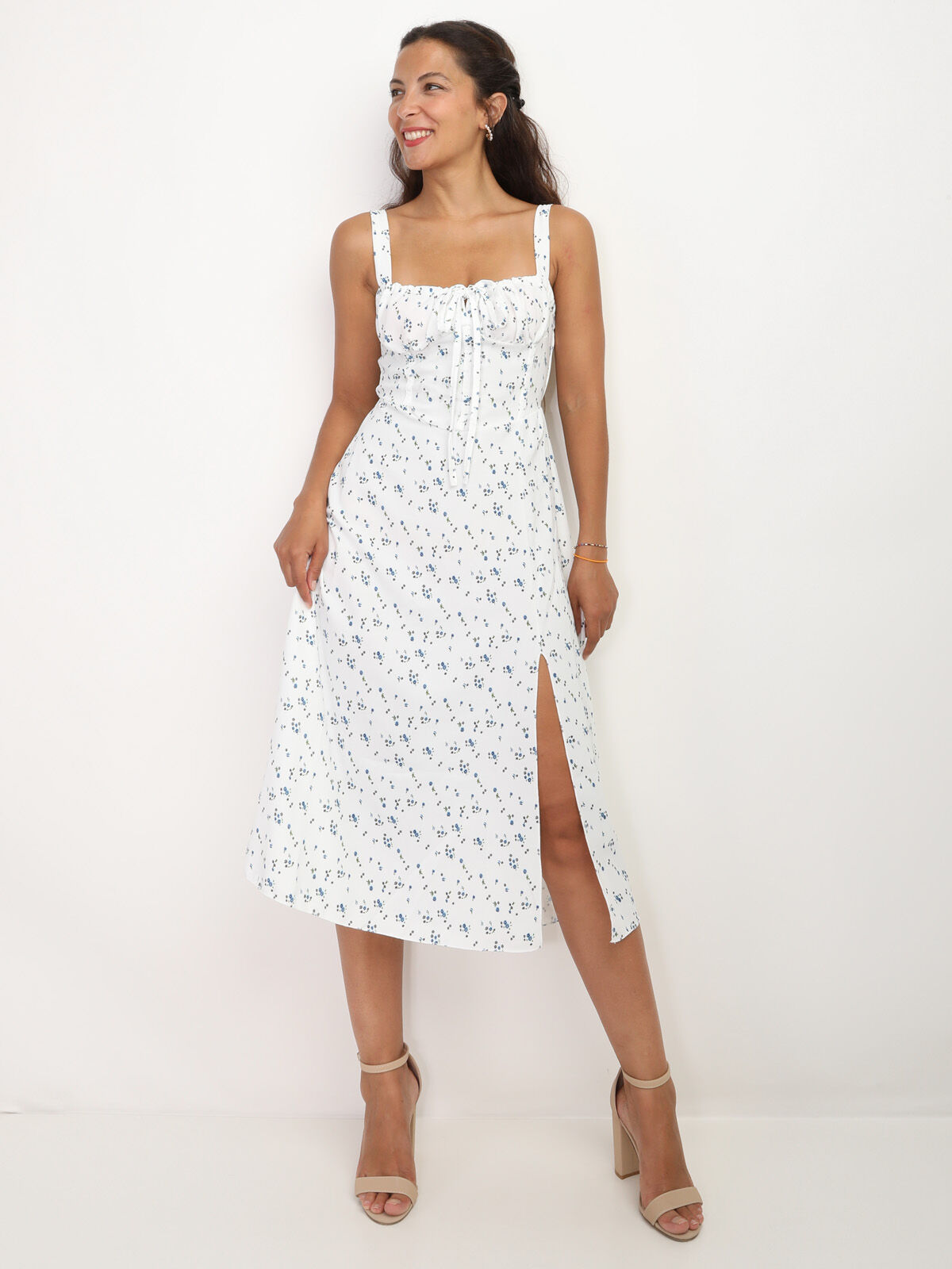 Robe corset fleurie à fente- Blanc