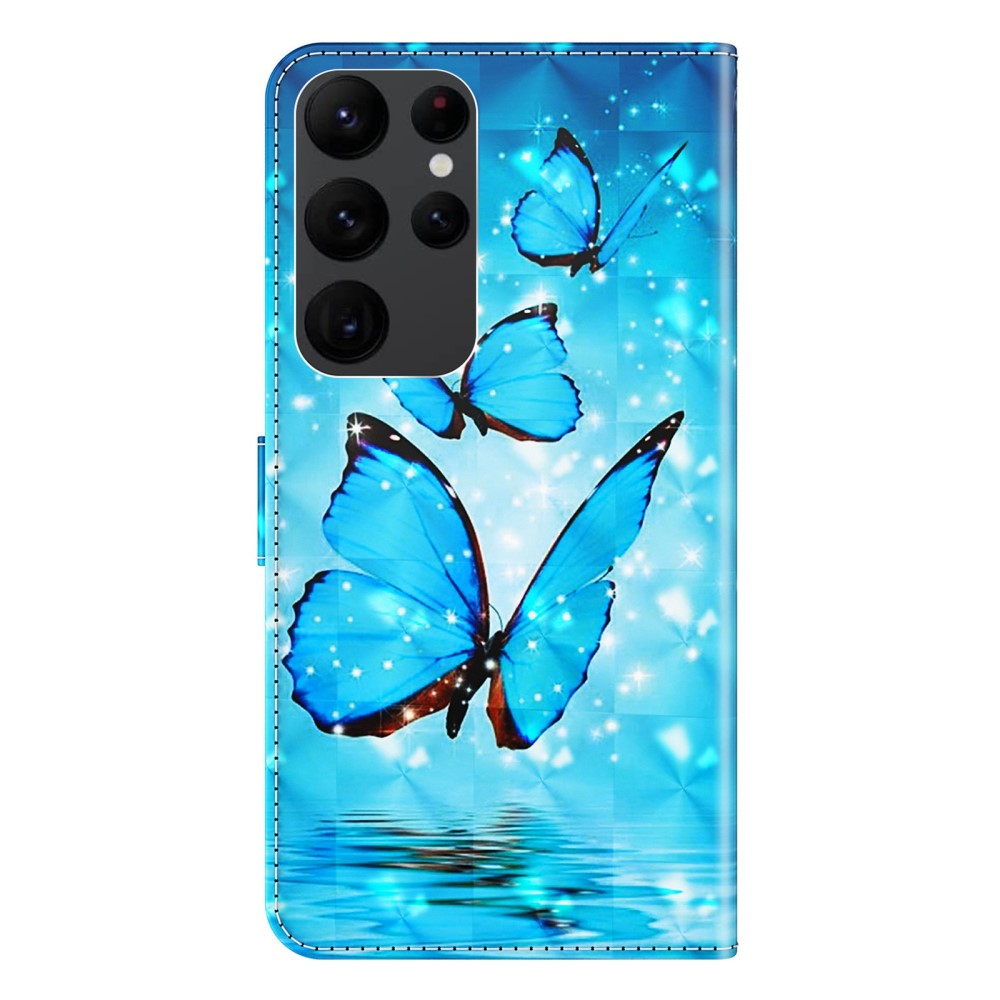 Samsung Galaxy S23 Ultra 5G Leder Tasche mit Kartenfach   Handschlaufe - Blaue Schmetterlinge