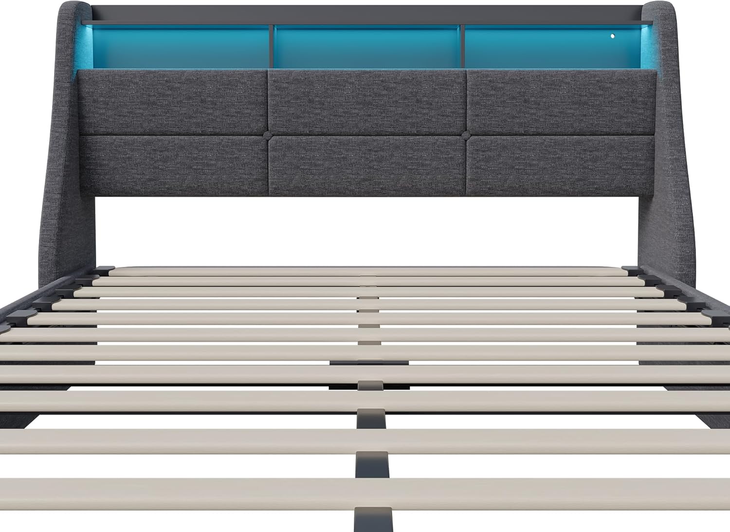 Polsterbett 140x200 cm mit LED-Kopfteil, Doppelbett mit USB und Lattenrost, Hydraulischem Stauraum und Metallrahmen, Jugendbett, Leinenstoff Grau (Ohne Matratze)