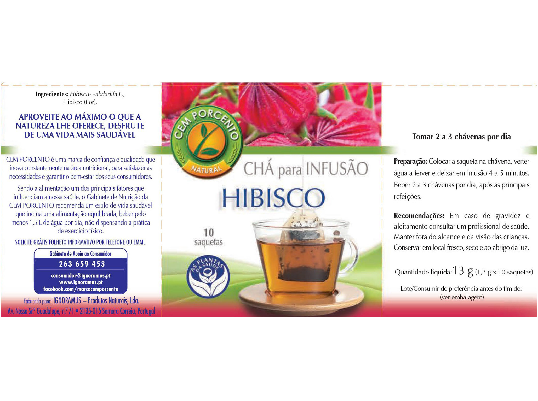 CHÁ CEM PORCENTO HIBISCO 10 SAQUETAS
