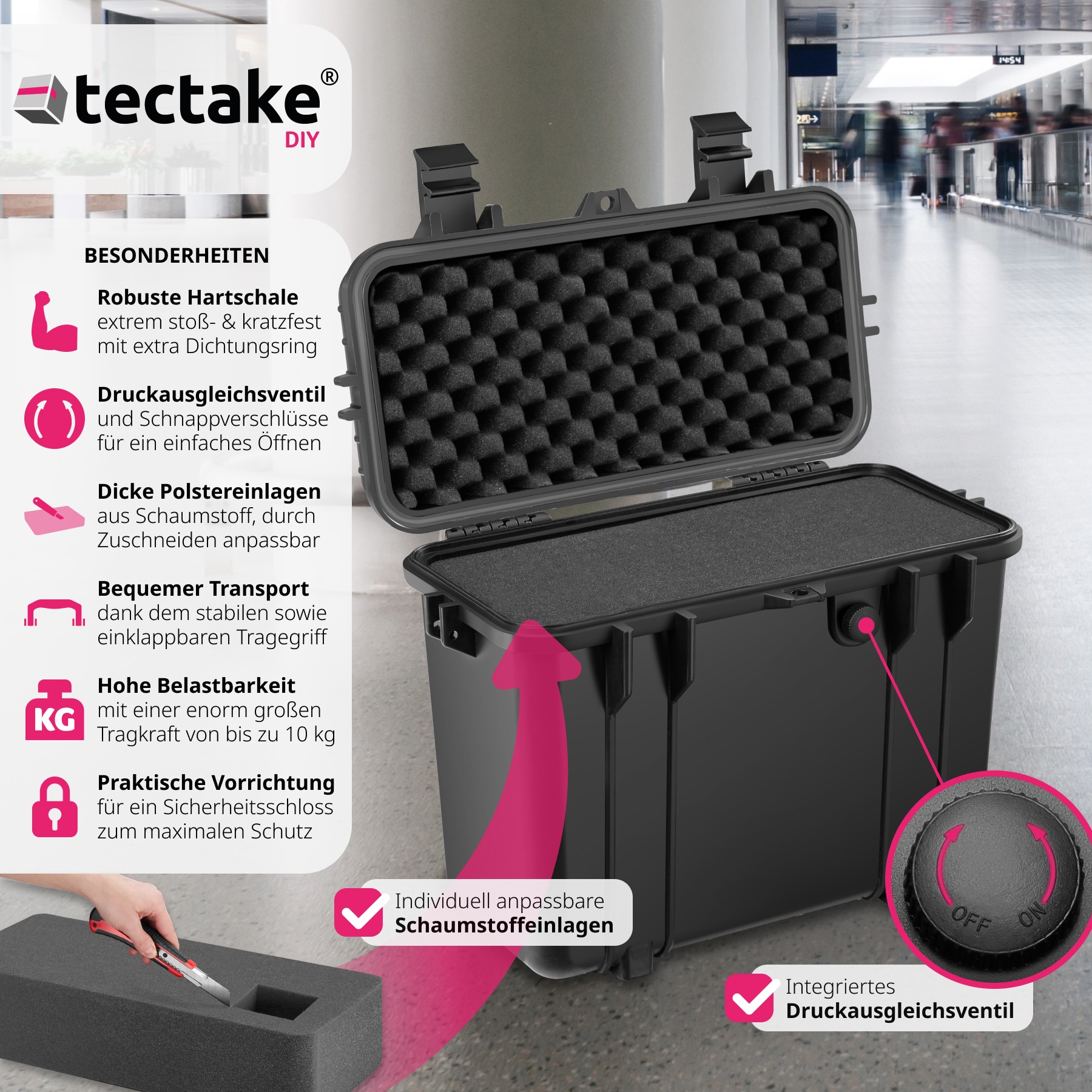 tectake® Universalbox, aus robuster Hartschale mit 4 dicken Schaumstoffeinlagen, wasserdicht und temperaturbeständig, 41 x 22 x 34 cm