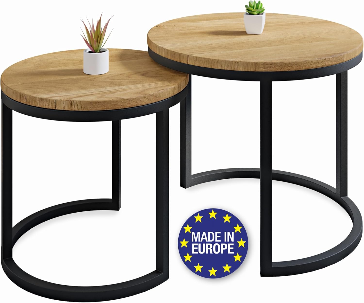 Modena, Couchtisch 2er Set aus Massivholz Eiche und Stahl, Handgefertigt in Europa, Beistelltisch, Wohnzimmertisch, Coffee Table, Schwarz, Rund, Ø50x43 cm / Ø40x38 cm