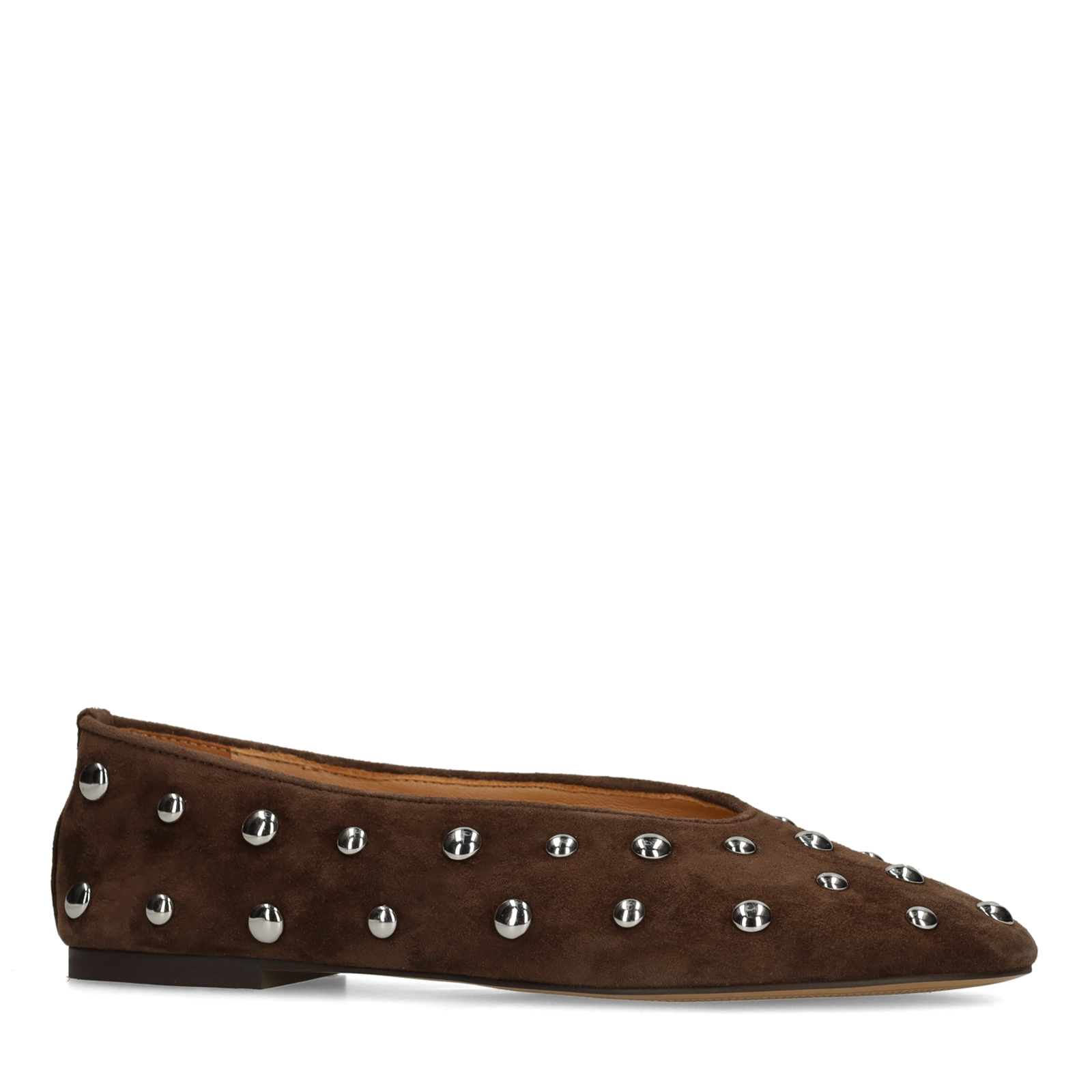 Donkerbruine suède ballerina's met zilveren studs