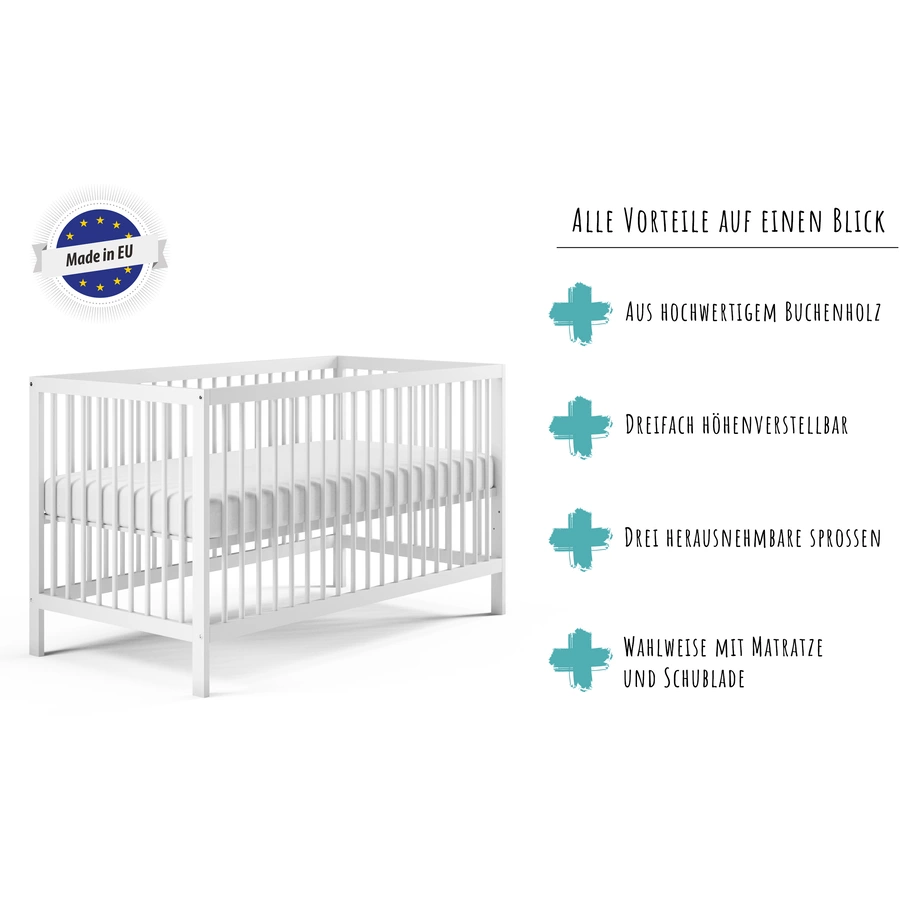 Kids Collective Babybett Gitterbett 60x120 | 70x140 höhenverstellbar & herausnehmbare Sprossen weiß