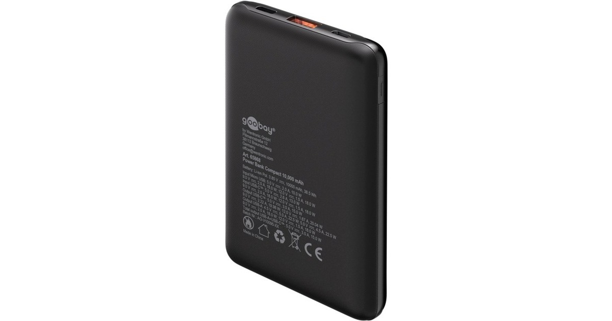 goobayPowerbank Compact 10.000 mAh  (Zwart, 10 Ah, 1x USB-A, 1x USB-C, Power Delivery, Quick Charge)
