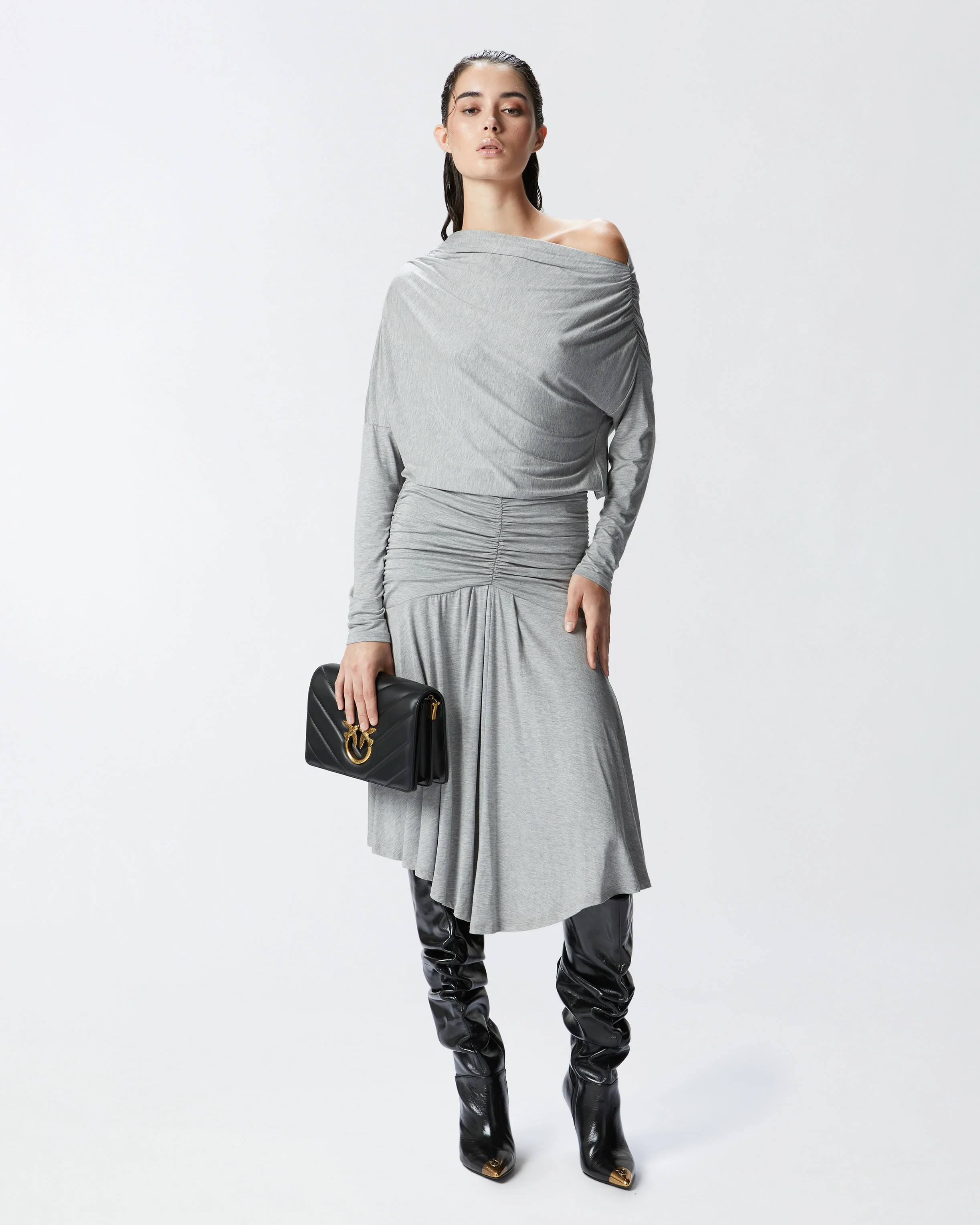 Robe midi drapée à épaule nue | Gris