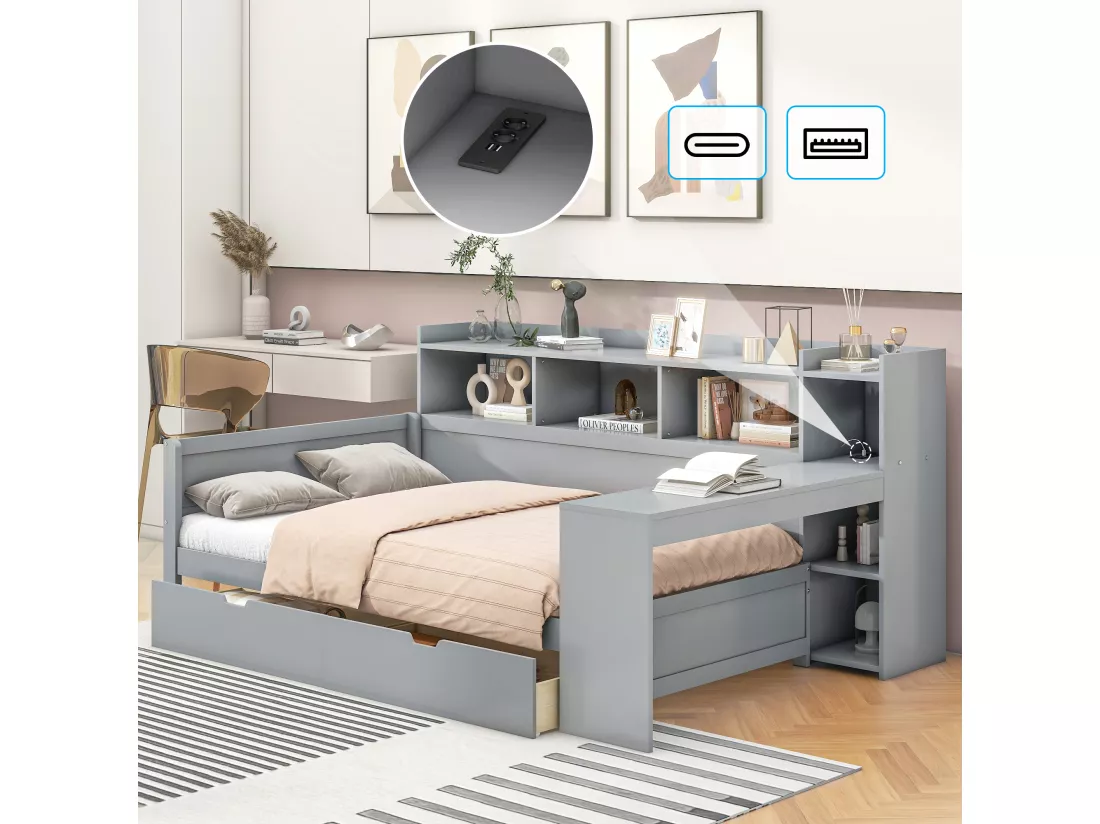 Lit banquette 90x200cm - bureau avec prise USB - 2 tiroirs & étagères - Gris (matelas non inclus)