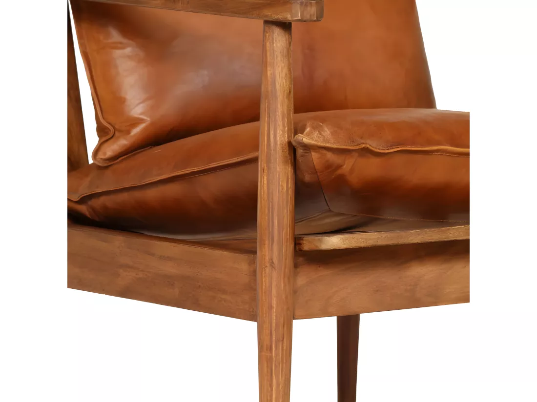 Fauteuil Marron Cuir véritable avec bois d'acacia